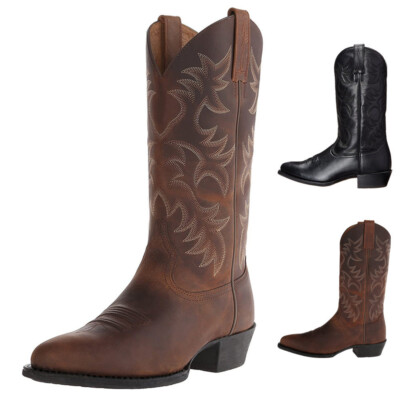 Men's Classic Durable Round Toe Embroidered Western Cowboy Boots Shoes