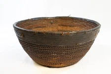 Antique 1800s Nigeria Nupe Tribe Coil Basket w Leather Covered Base & Rim (MLR)