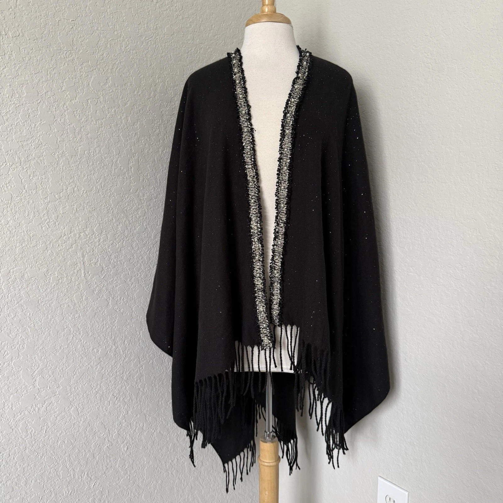 Jessica McClintock Black Pearl Trim Fringe Poncho Sweater One Size Boho Layering