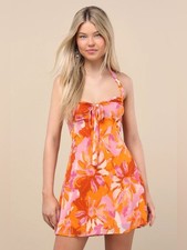 Lulus Sabine Orange Multi Floral Halter Mini Dress Size L NWT