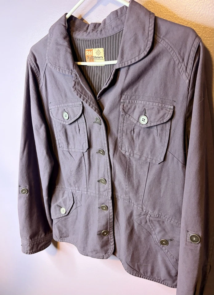 Chaqueta utilitaria RuffHewn para mujer púrpura con botones bolsillos delanteros de carga informal grande Foto 2 de 4