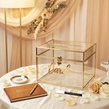 Wedding Card Box with Heart Lock, Large Metal Glass Card Box with Gold Frame ...