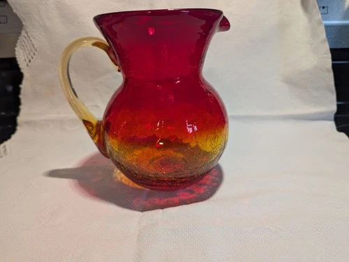 Hand-blown Amberina Crackle Glass Pitcher by Blenko Mid Century Modern 6 inches