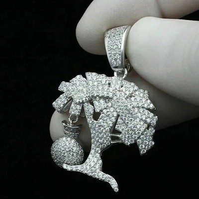 2.50Ct Round Cut Real Moissanite Money With Tree Pendant 14k White Gold Plated
