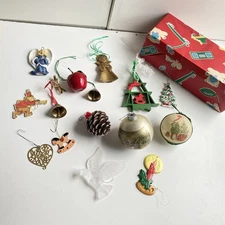 Assorted Vintage Christmas Ornaments Lot Of 15 Bells Dove Tree Pinecone Sugared