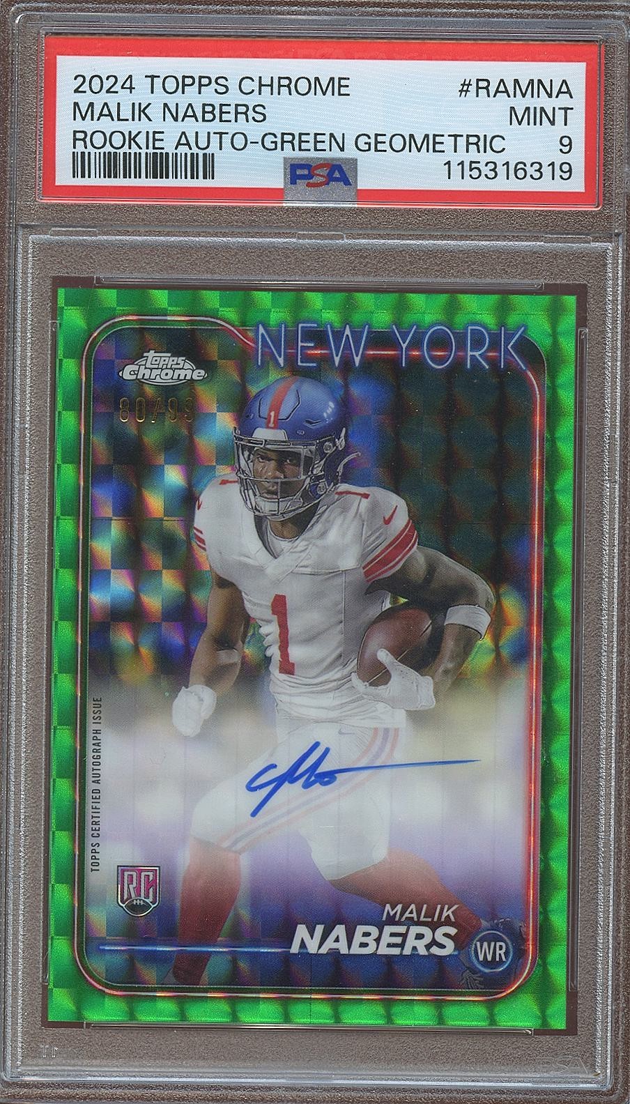Malik Nabers 2024 Topps Chrome Green Auto Autograph RC Rookie 80/99 Giants PSA 9