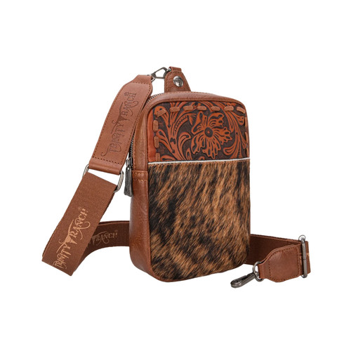 Trinity Ranch Hair-On Cowhide Brown Tooled Sling Bag TR179-185BR NEW w/ TAGS