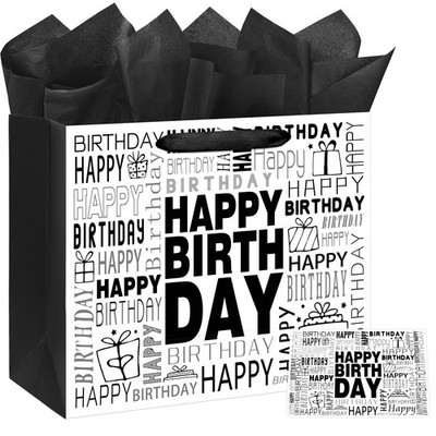 16.5 inch Extra Large Black White Happy Birthday Gift Bag Tissue Paper Card