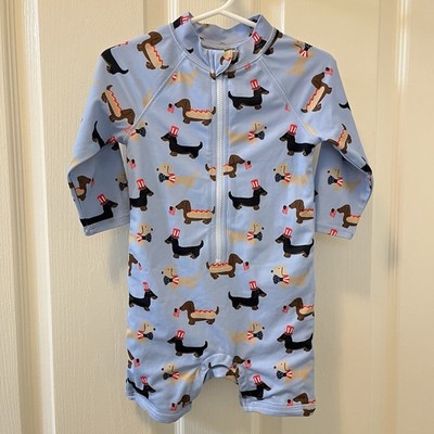 Janie and Jack Hot Dog Dachshund Rash Guard Swimsuit Blue Boys Size 18-24 Months