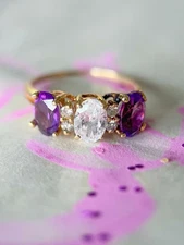 Vintage Natural Amethyst and CZ Three Stone Ring with Natural Diamonds 14k Yello