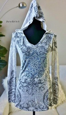 USA New VOCAL Womens SUBLIMATION CRYSTAL MEDALLION HOODIE LONG SLV SHIRT S Y2K