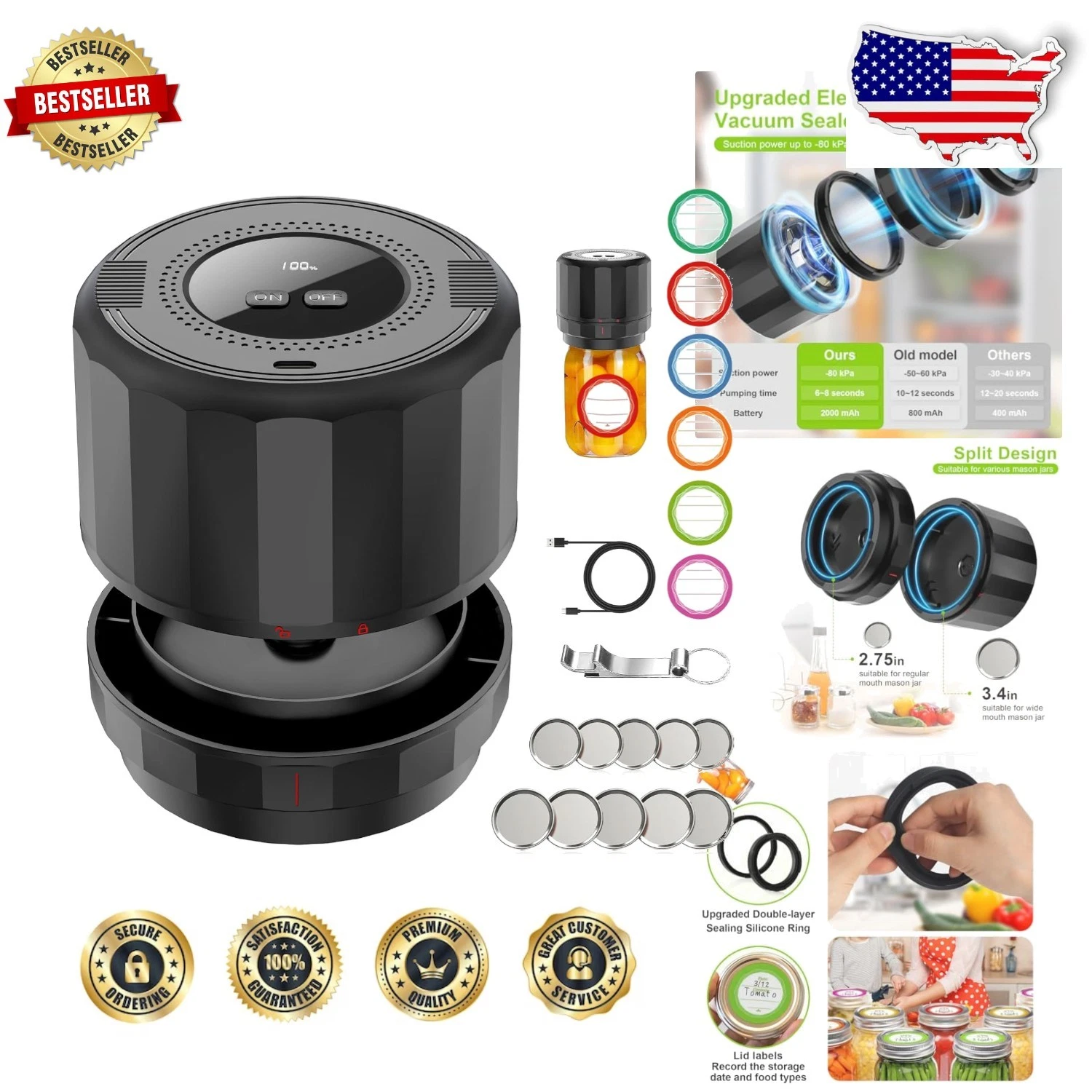 Electric Mason Jar Vacuum Sealer Kit - Cordless, Rechargeable, Food Storage B...
