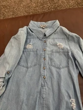 J For Justify Women's Denim Tunic Shirt Blue Distressed, Long Sleeved Large