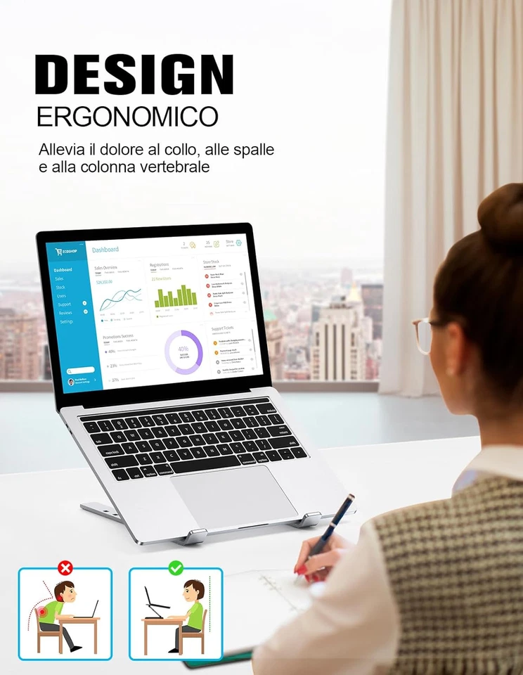 Supporto PC Portatile, 5-Levels Altezza Regolabile Supporto Laptop, Alluminio Ve - Immagine 3 di 4