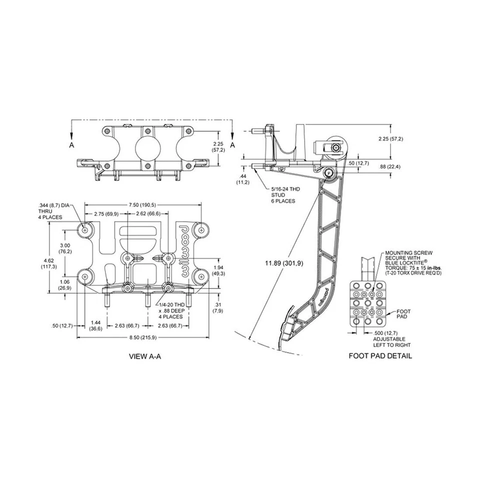 Pedal de freno y embrague Wilwood 340-11299 montaje oscilante inverso Foto 3 de 4