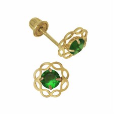 Baby Girl Emerald Birthstone Kids Stud Earrings Screw Back 14K Yellow Gold