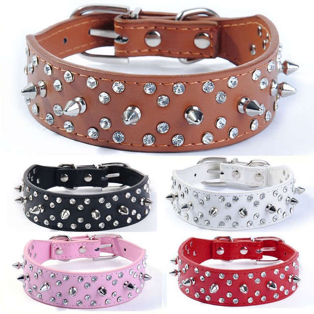 Brown Leather Dog Collar Bling Rhinestone Crystal & Spiked Studded Dog