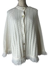 Vintage classic Sweater poncho White Ladies orlon acrylic cable knit Fringe