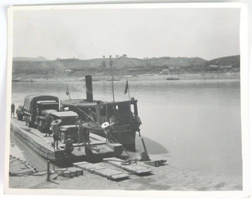 Vtg 1944 GI Photo Boat Ferry Carries Military Trucks Across Lake Kunming CBI WW2