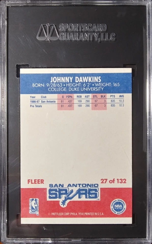 1987-88 Fleer Basketball [Base] Rookies #27 Johnny Dawkins RC Duke NM+ SGC 7.5 - Image 2 of 4