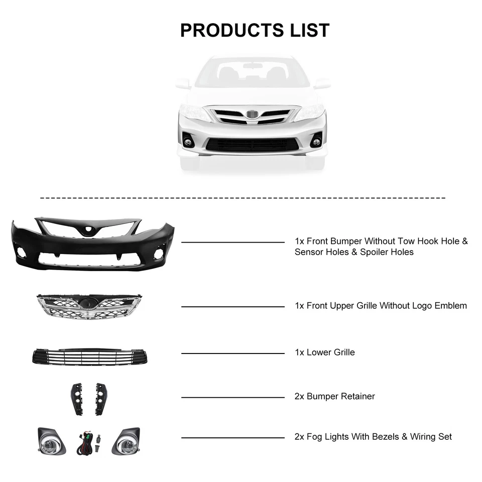 Front Bumper Cover Kit With Fog Lights For 2011 2012 2013 Toyota Corolla Sedan Foto 3 de 3