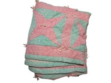 Handmade Pink Green Star Patchwork Tied Quilt w Heart Print Back 82x68