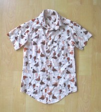Vtg 70s brown rust partridge bird print silky disco shirt dagger collar Boys M