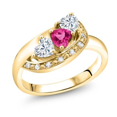 18K Yellow Gold Plated Silver Pink Created Sapphire and Moissanite and White