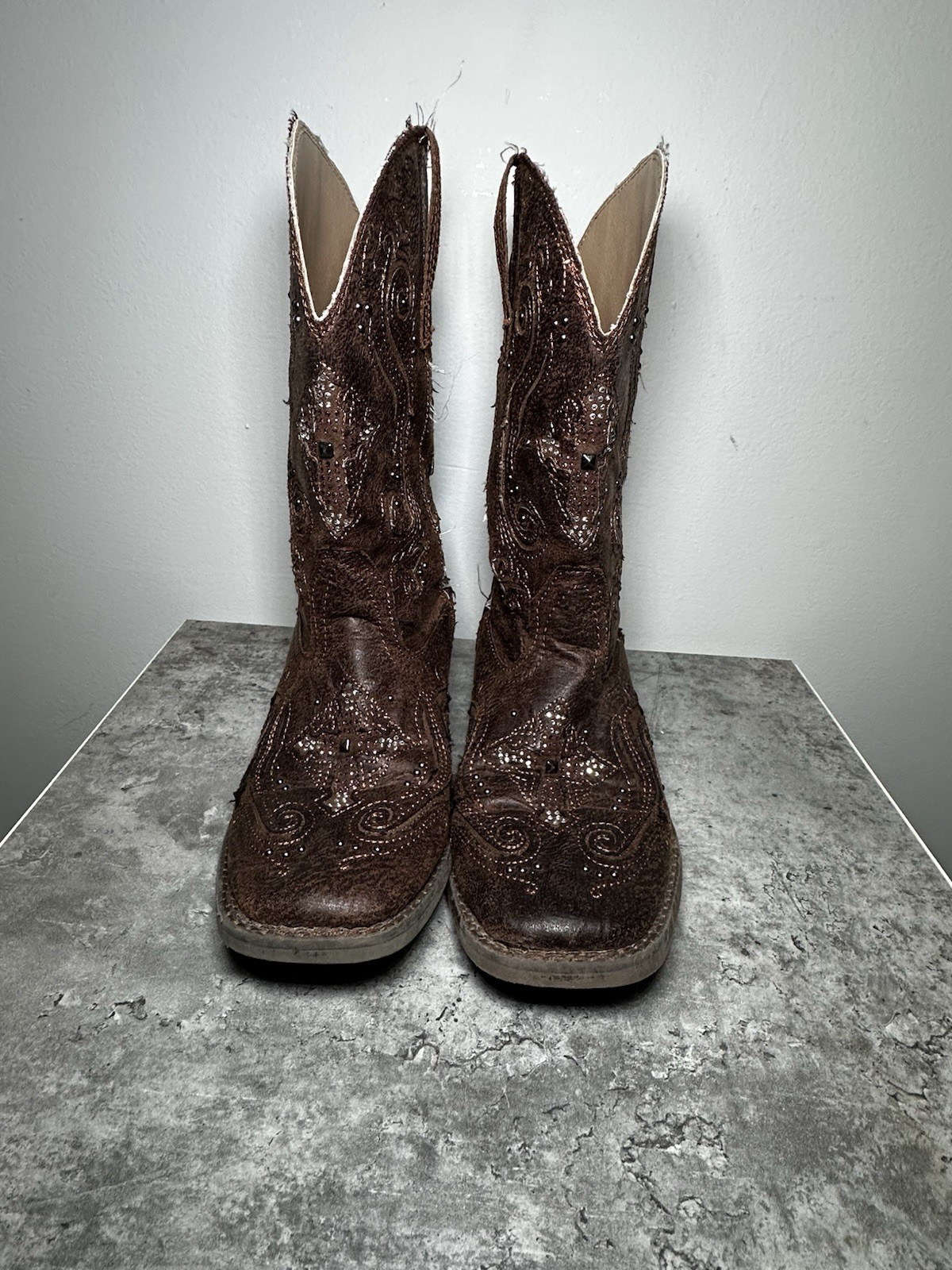 Roper Girls Crystal Cross Western Boots Faux Leather Square Toe Brown Size 3