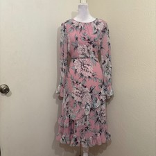 Adrianna Papell Pale Pink Floral Chiffon Ruffle Midi Dress Long Sleeve Size 4