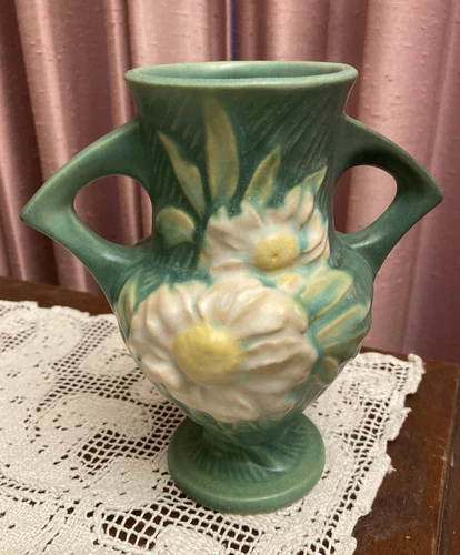 Roseville Pottery 168-6 Double Handled Peony Vase Green