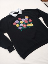Vintage Grandma Flower Sweatshirt Black Collared