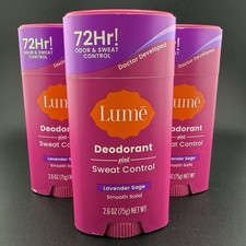 3 LUME Smooth Solid LAVENDER SAGE Whole Body Deodorant 2.6 Oz Sweat Control