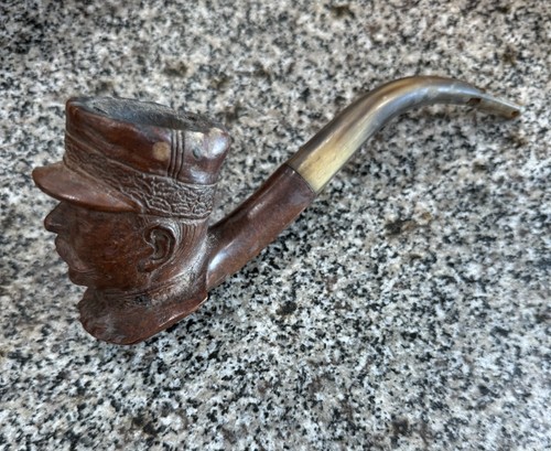 antique hand carved burl wood horn figural man face smoking pipe stem damage