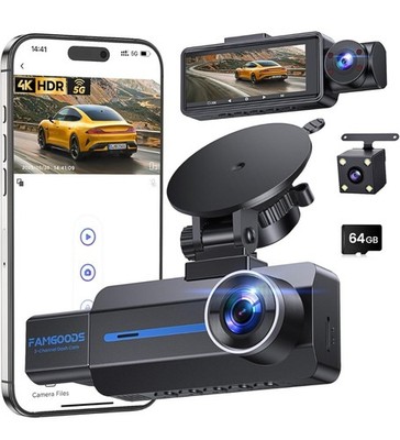 Dash Cam Car Front 4K, Rear, Indoor, 3 Channel, 3.16 Inch IPS Screen, 64GB Card