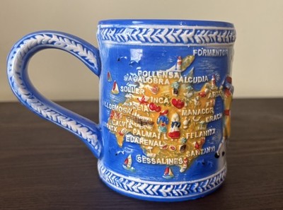 Vintage Mallorca Spain 3D Relief Souvenir Mug -Palma Cathedral & Island Map-Blue
