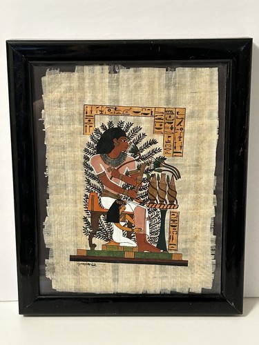 VTG Egyptian Art Papyrus Rice Paper W/Figures Hieroglyphics Framed SIGNED - B6