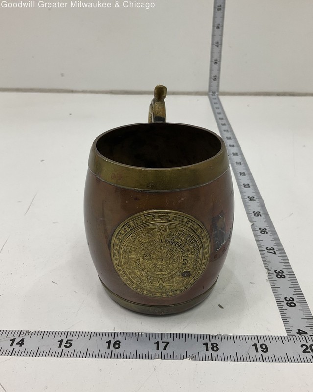 Mexican Copper Brass Mayan Calendar Sun Face Mug Brown Handled Tableware 4