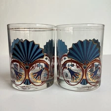 Vintage Culver Fan 4” Lowball Glasses Whiskey Blue Maroon Gold Double Set Of 2