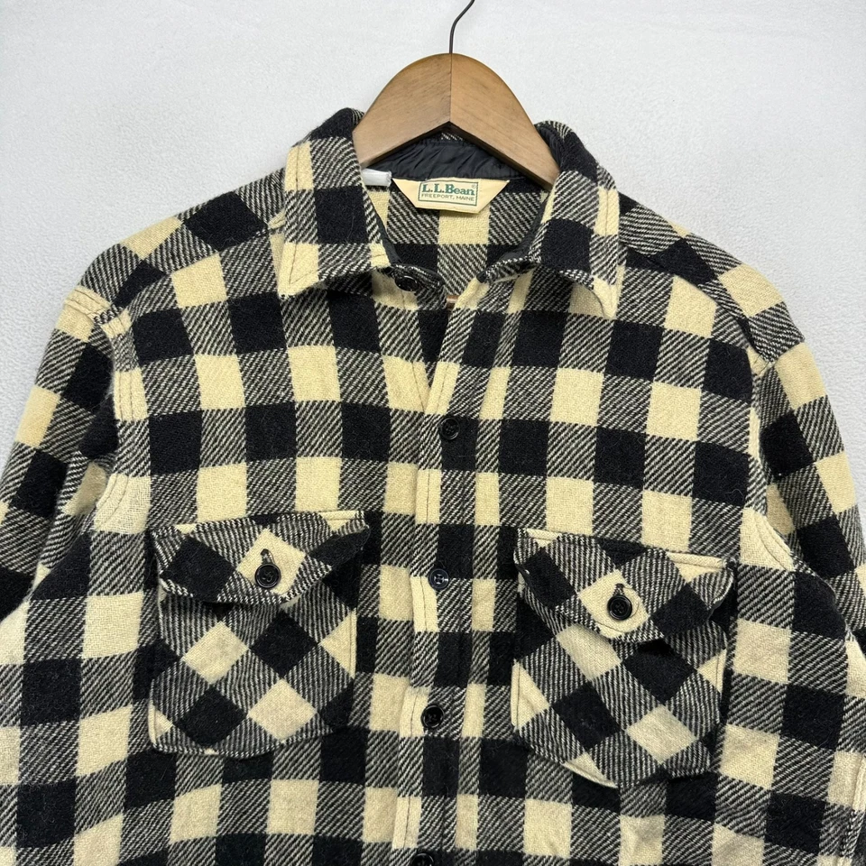 Vintage LL Bean Flannel Shirt Men's Large White Black Buffalo Check Wool 90s - Image 3 of 4