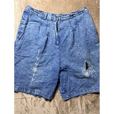 Vintage Acid Wash Floral Embroidered High Waist Denim Mom Shorts Blue Women L