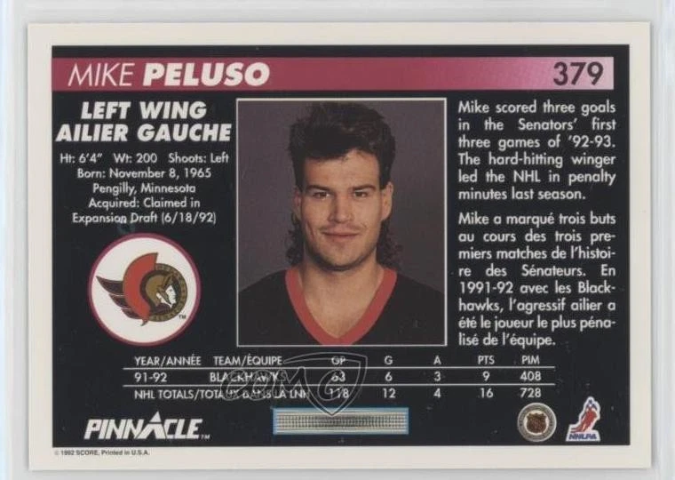 1992-93 Pinnacle Canadian Mike Peluso #379 - Image 2 of 2