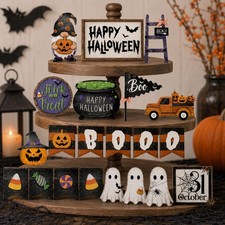 21 Pcs Halloween Wooden Ornaments Tiered Tray Decor, Boo Pumpkin Ghost Witch ...
