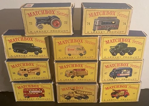 11 USED LESNEY MATCHBOX REGULAR WHEEL EMPTY BOXES 5 6 13 28 37 47 49 62 67 72 74