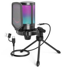 Gaming USB Microphone for PC PS5, Condenser Mic with Quick Mute, RGB Black