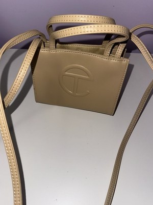 Telfar Mini Beige Crossbody Bag with Logo, Top Handle, Magnetic Closure