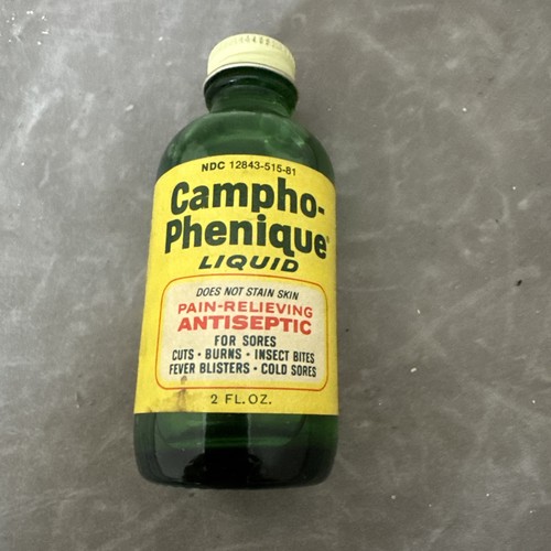 Vintage Campho-Phenique Liquid 2 oz Green Glass Bottle Tin Lid Made In USA