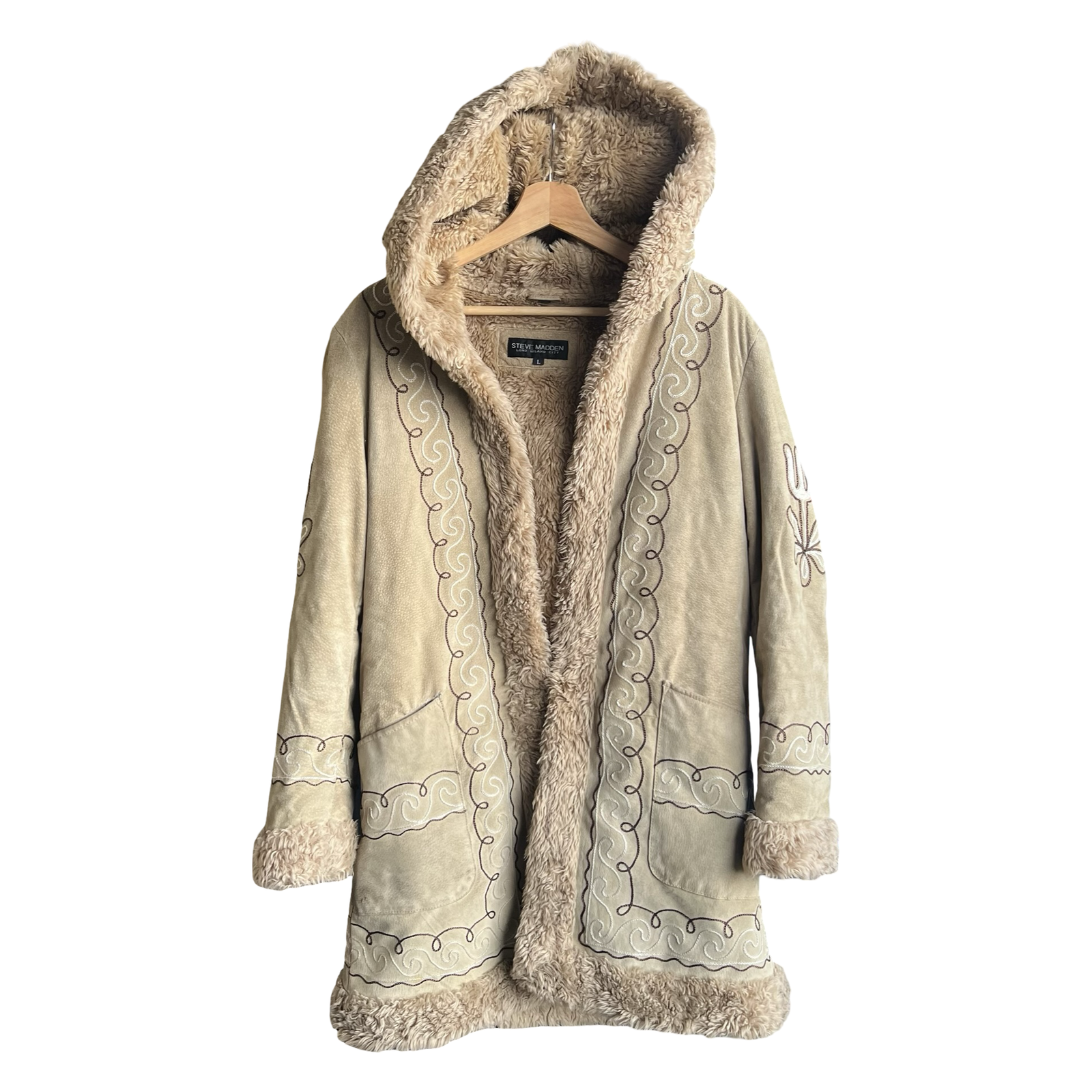 Steve Madden Coat Womens Large Tan Faux Shearling Hood Embroidered Boho Western