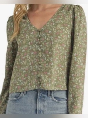 Lush Sage Green Floral Long Sleeve Blouse Womens XL V Neck