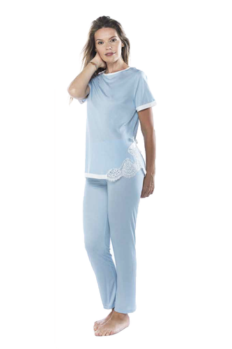 Elegante pigiama da donna, manica corta e pantalone lungo, modello giro  collo ed | eBay